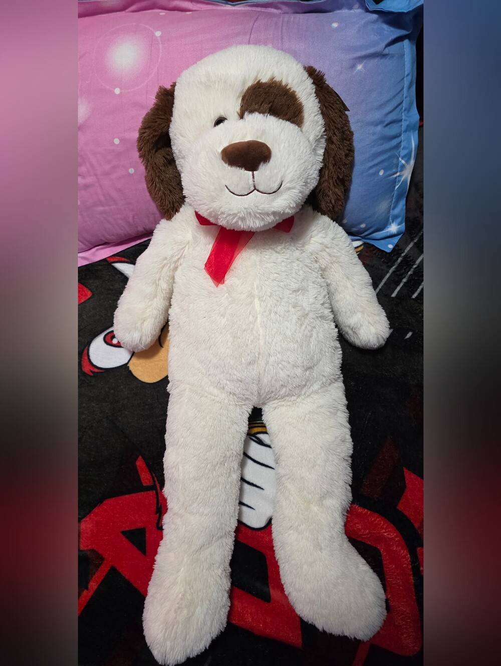 Cream & Brown Plush Puppy Stuffed Animal with Red Ribbon